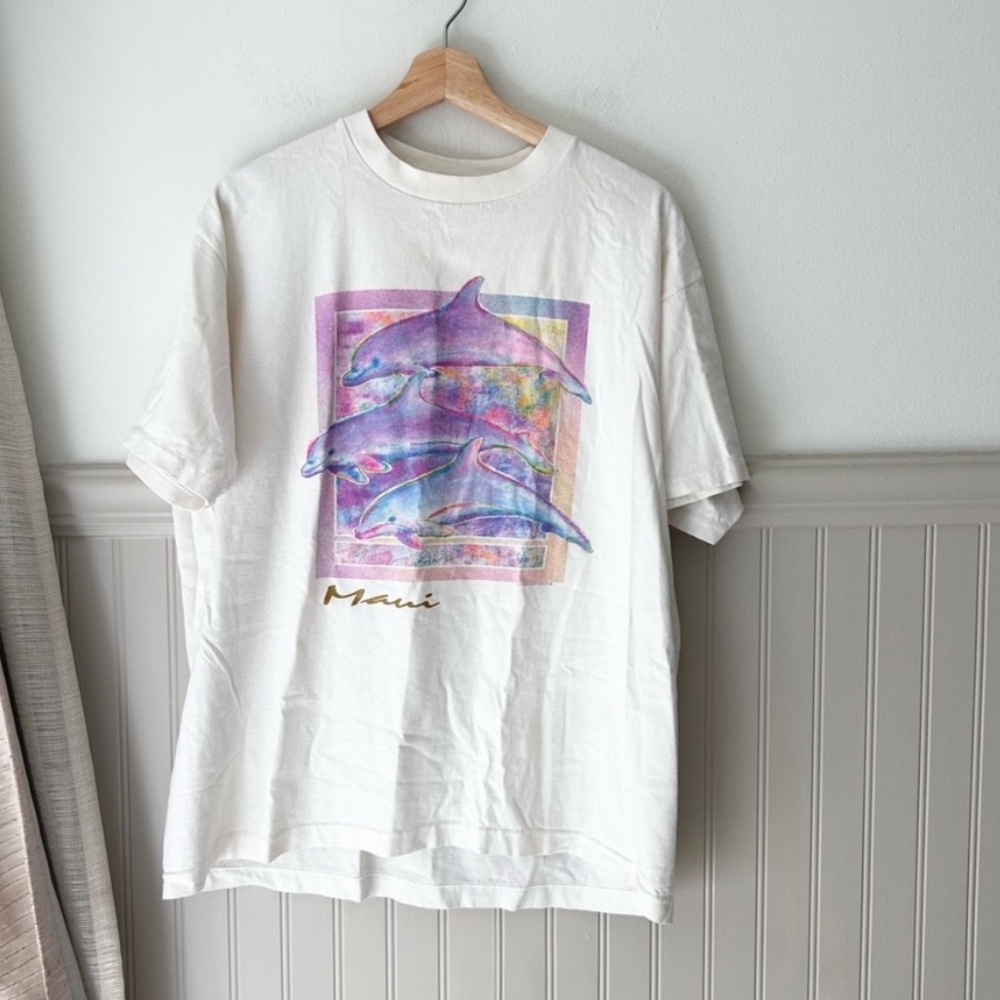 Vintage 90s Islander White Dolphin Print Graphic Tee XL Maui Short Sleeve Shirt